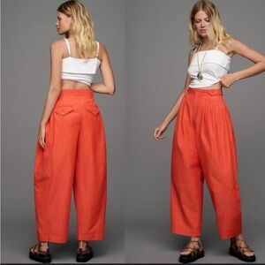 Anthropologie Maeve Bright Orange Wide Leg Barrel Pants Utility Trousers Utility